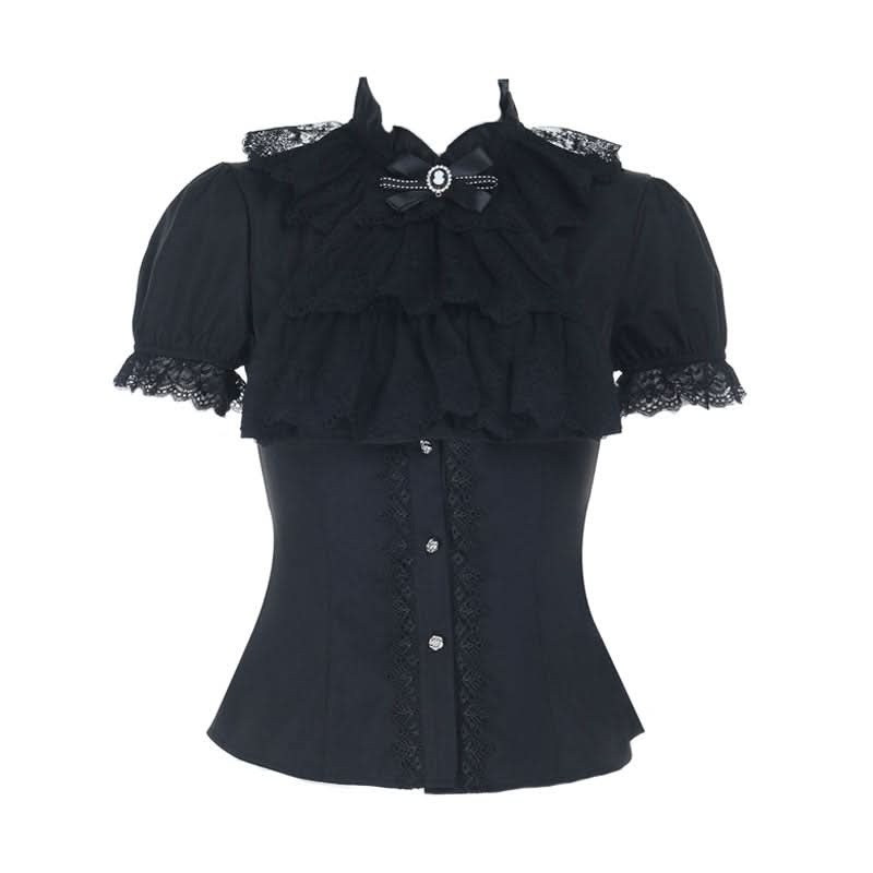 Lace hem bowknot short sleeve black top  | Festival Outfits Women