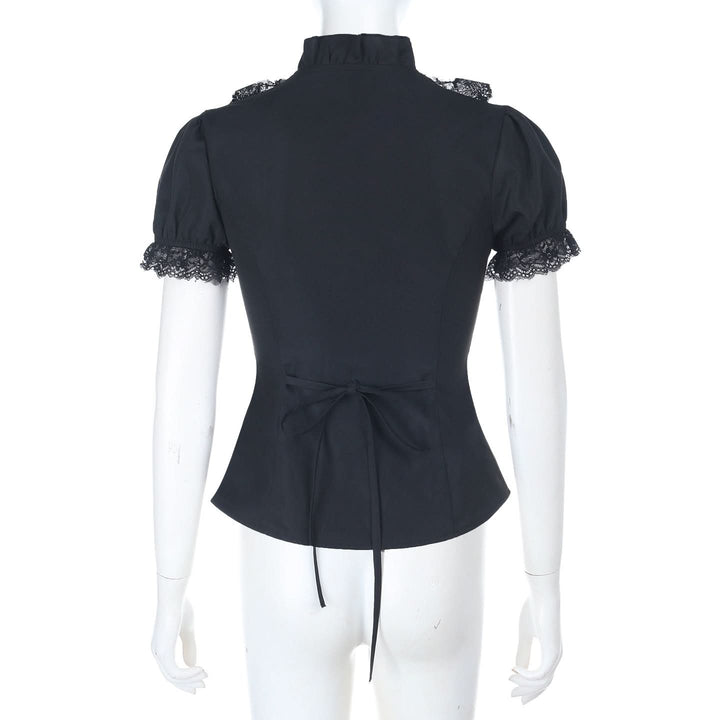 Lace hem bowknot short sleeve black top  | Festival Outfits Women