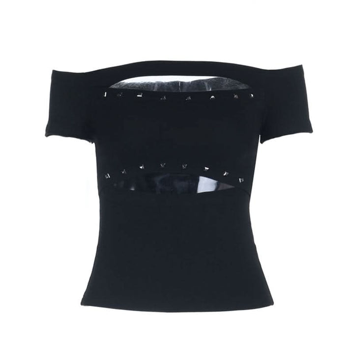 Hollow out off shoulder beaded short sleeve cut out top  | Festival Outfits Women