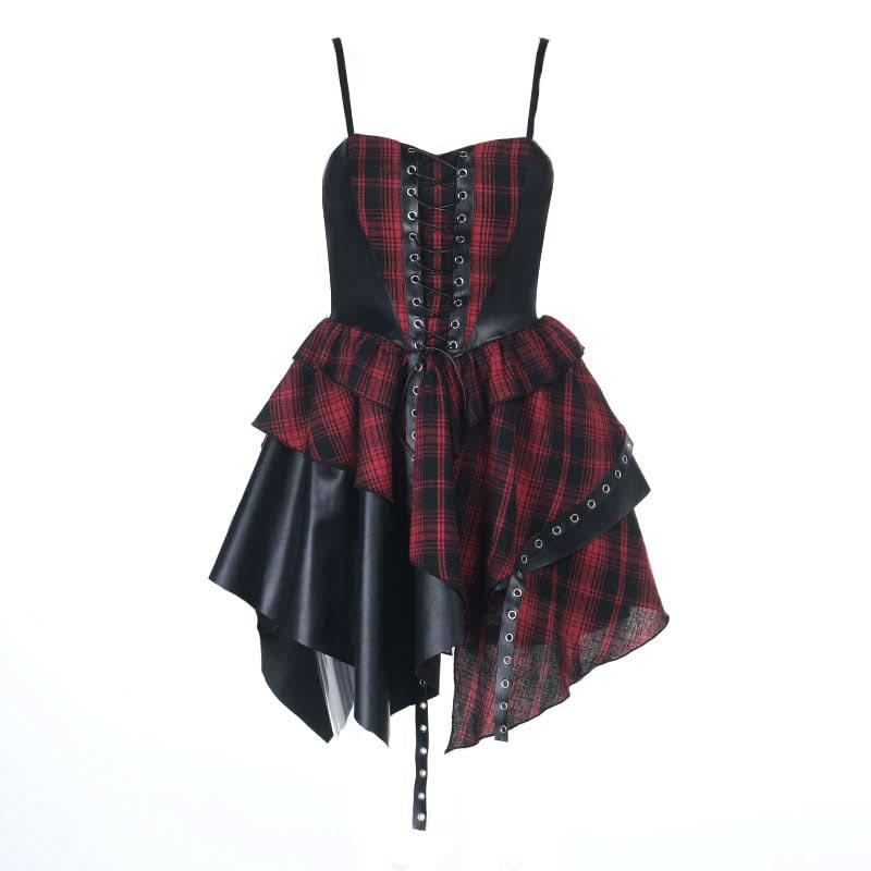 Lace up irregular plaid cami mini dress  | Festival Outfits Women