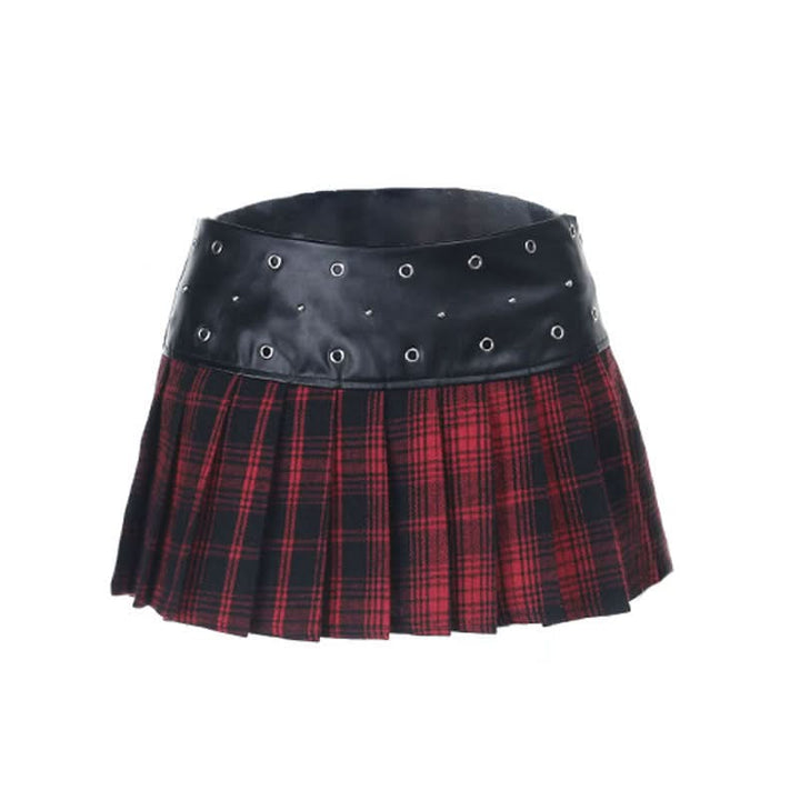 Pleated A line PU leather plaid mini skirt Cargo Mini Skirt  | Festival Outfits Women