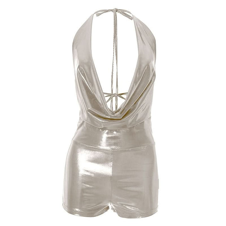 Halter self tie cowl neck metallic romper  | Festival Outfits Women
