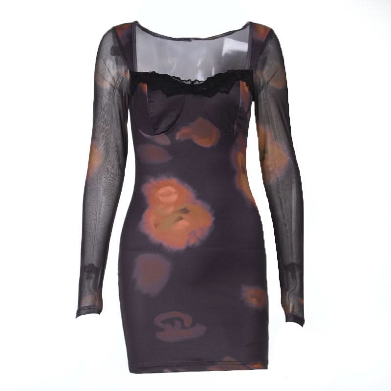 Long sleeve lace hem print v neck mini dress  | Festival Outfits Women-final-sale