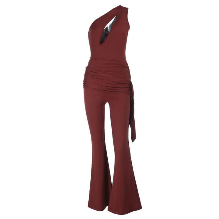 Hollow out ruched one shoulder irregular jumpsuit  | Festival Outfits Women