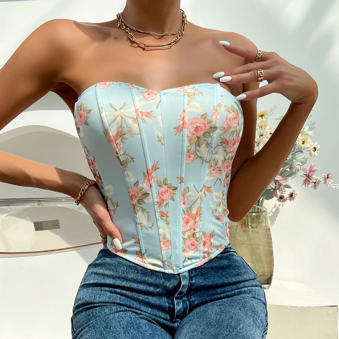 Sweetheart neck flower print corset tube top  | Festival Outfits Women