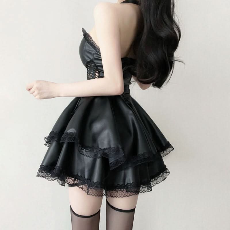 Lace hem PU leather hollow out self tie cut out mini dress  | Festival Outfits Women
