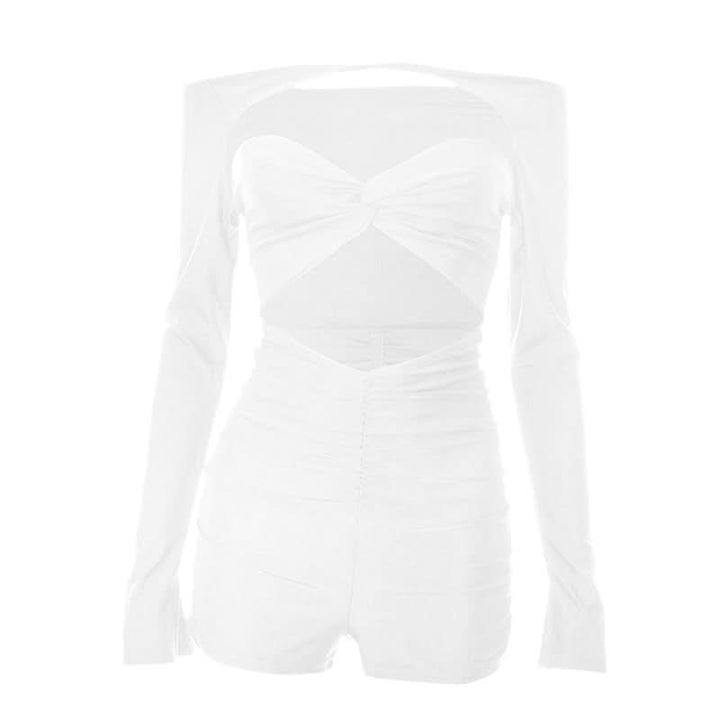 Long sleeve hollow out ruched off shoulder romper  | Festival Outfits Women