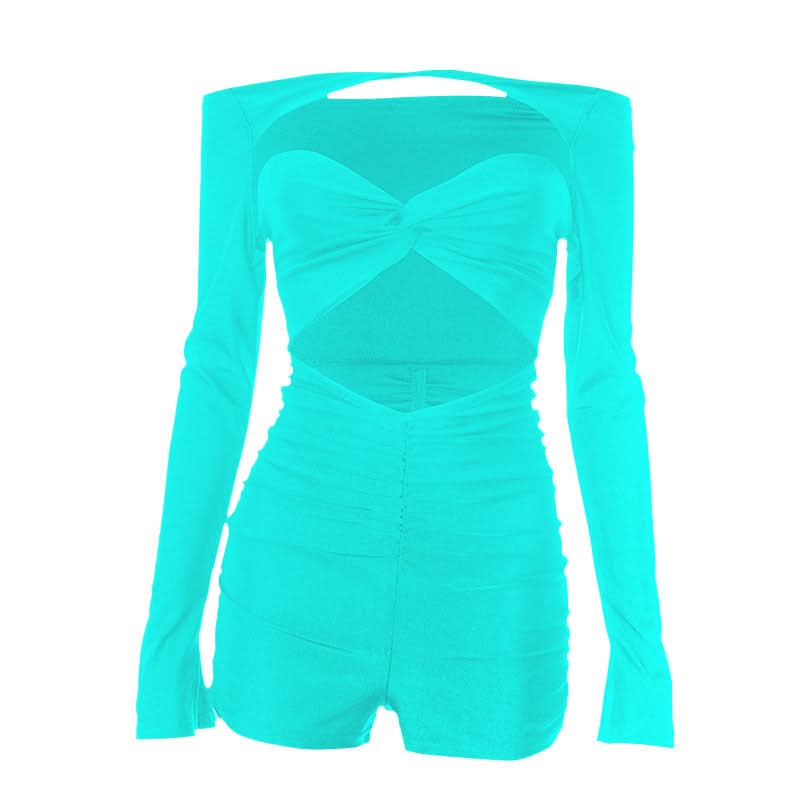 Long sleeve hollow out ruched off shoulder romper  | Festival Outfits Women