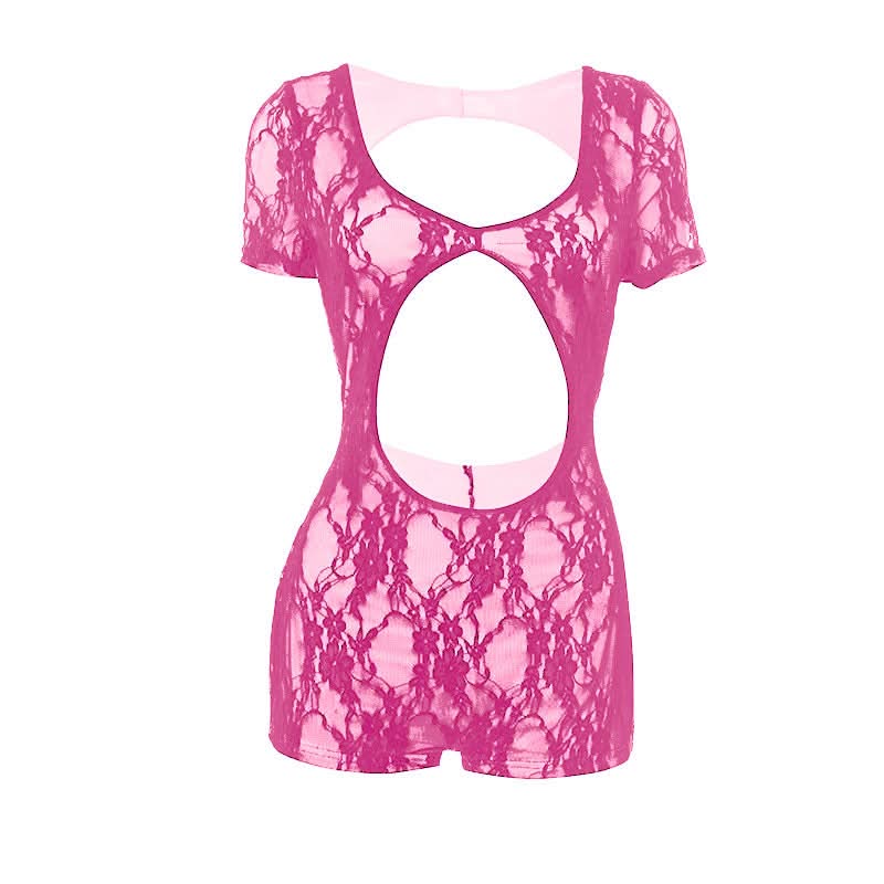 Short sleeve hollow out u neck lace romper  | Festival Outfits Women