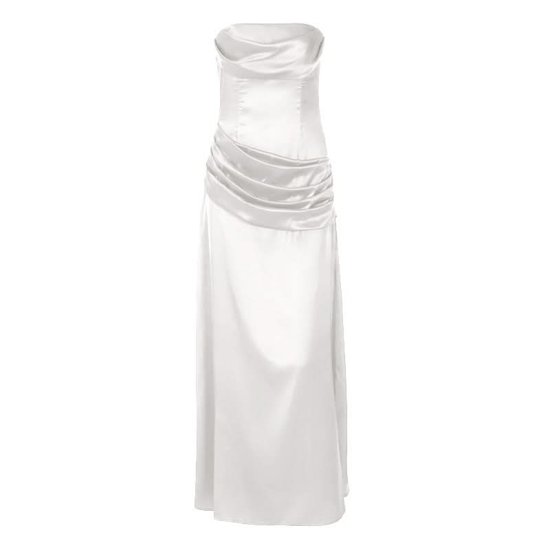 Satin pleated zip-up solid tube maxi dress  | Festival Outfits Women