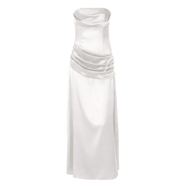 Satin pleated zip-up solid tube maxi dress  | Festival Outfits Women