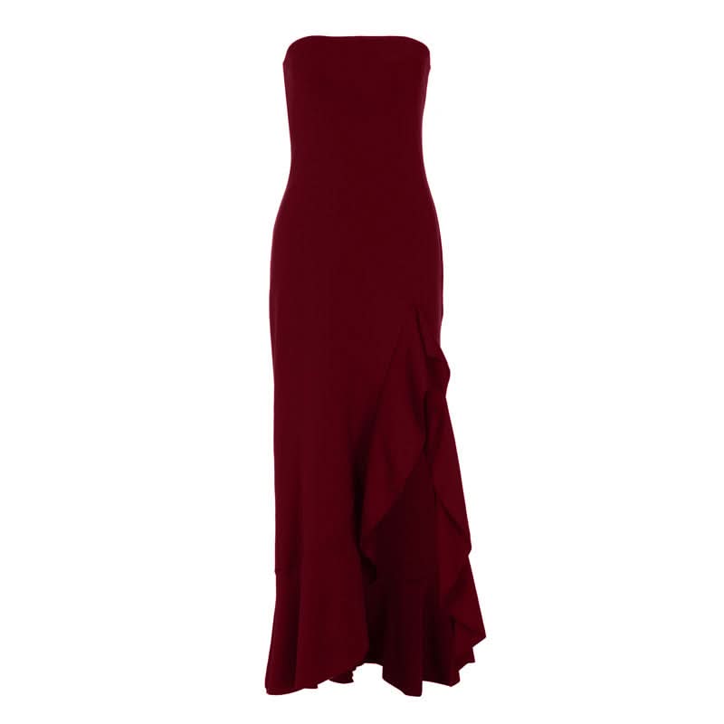 Slit ruffle irregular backless tube maxi dress