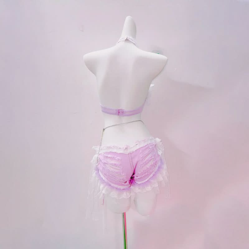 Halter bowknot cross applique beaded lace hem top  | Festival Outfits Women