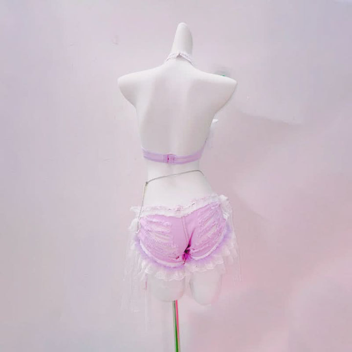 Halter bowknot cross applique beaded lace hem top  | Festival Outfits Women
