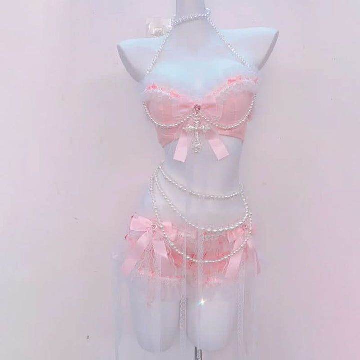 Halter bowknot beaded lace hem top  | Festival Outfits Women