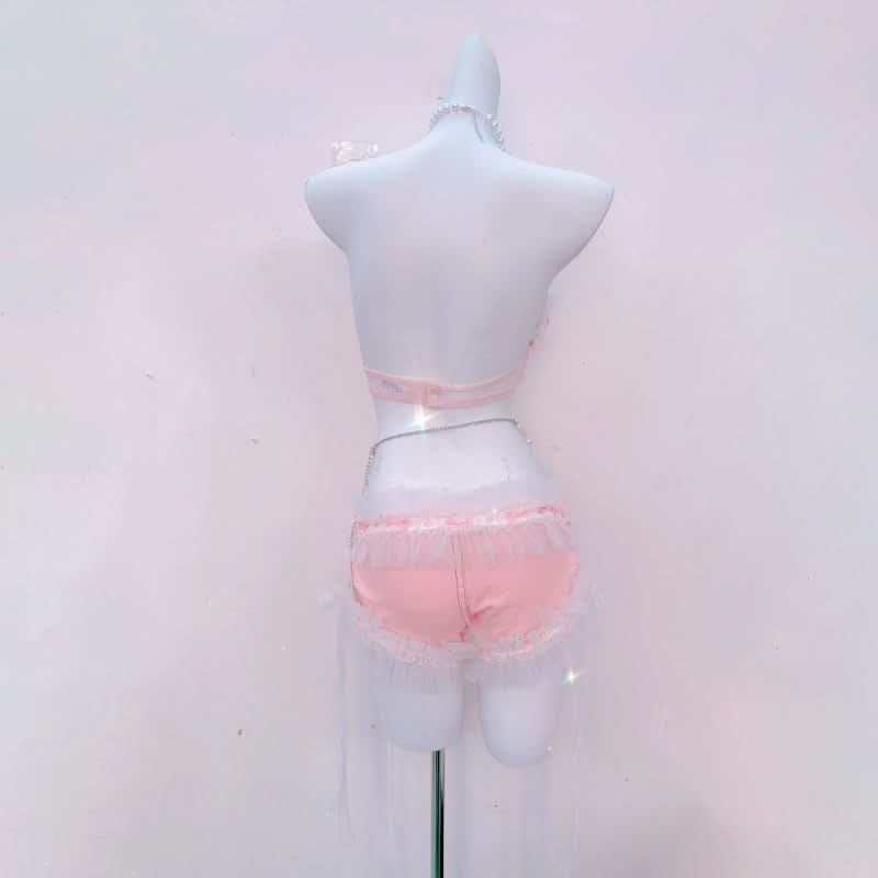 Halter bowknot beaded lace hem top  | Festival Outfits Women