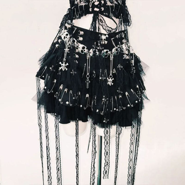 Hollow out lace up lace hem skull applique cut out top  | Festival Outfits Women