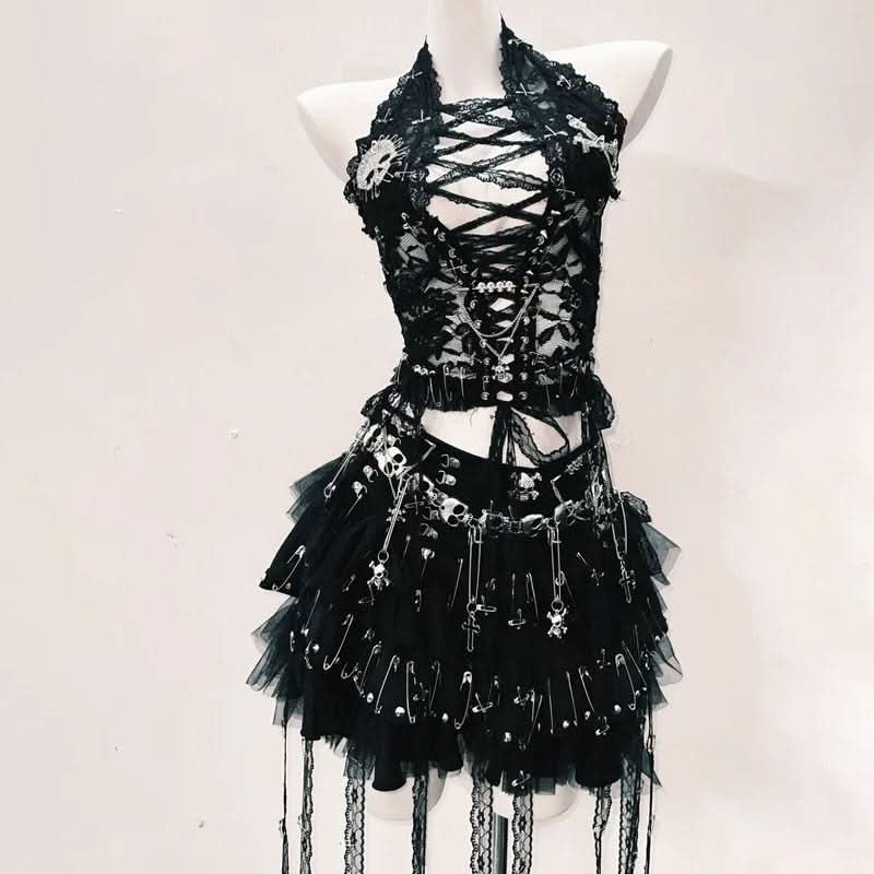 Hollow out lace up lace hem skull applique cut out top  | Festival Outfits Women