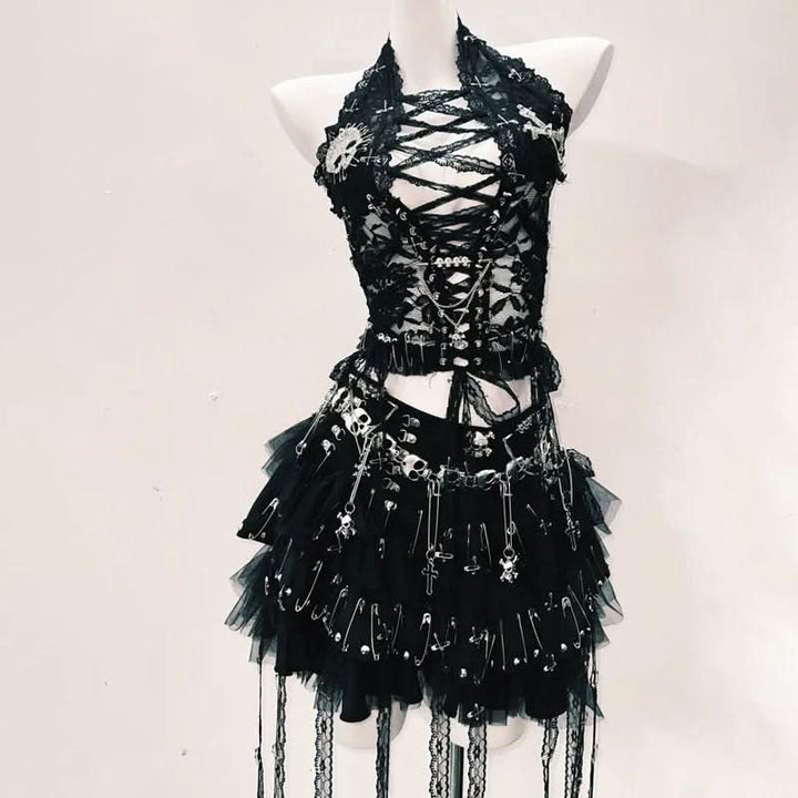 Hollow out lace up lace hem skull applique cut out top  | Festival Outfits Women