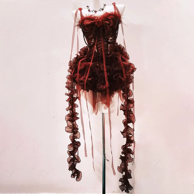 Ruffle bowknot flower applique beaded mini dress  | Festival Outfits Women
