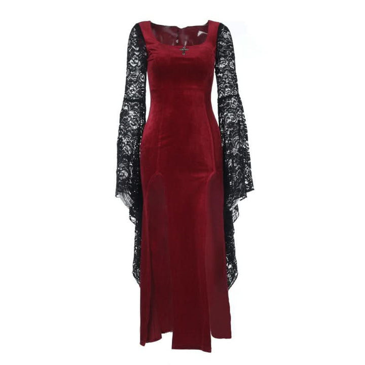 Long flared sleeve lace square neck slit midi dress  | Festival Outfits Women-final-sale