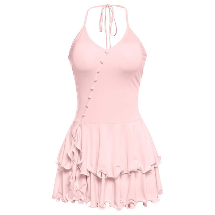 Ruffle halter self tie v neck button mini dress  | Festival Outfits Women