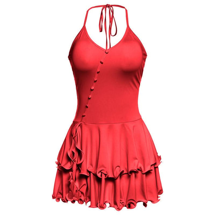 Ruffle halter self tie v neck button mini dress  | Festival Outfits Women