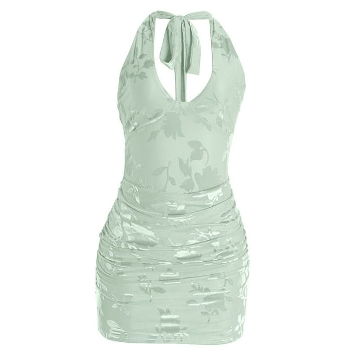 V neck halter self tie print ruched mini dress  | Festival Outfits Women