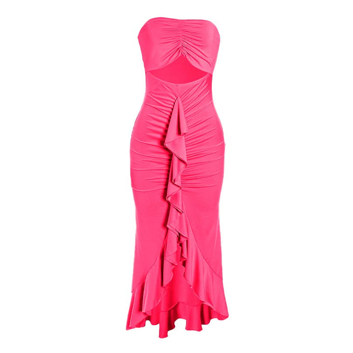 Hollow out ruched ruffle tube cut out maxi dress  | Festival Outfits Women