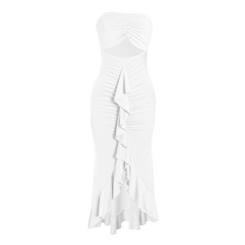 Hollow out ruched ruffle tube cut out maxi dress  | Festival Outfits Women