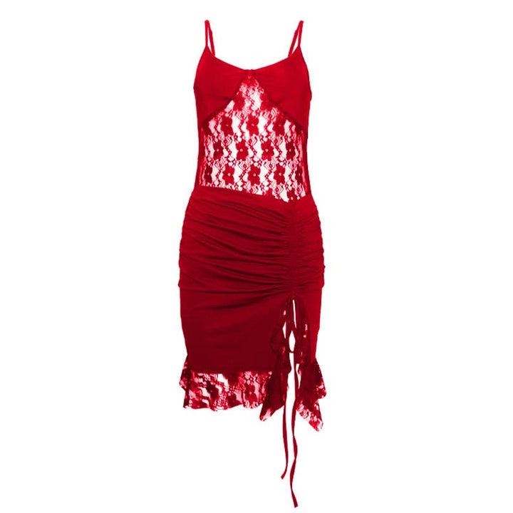 Drawstring ruched lace u neck cami mini dress  | Festival Outfits Women