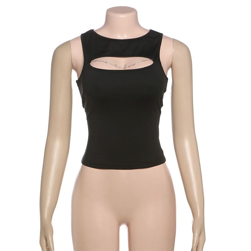 Crewneck hollow out metal chain solid cut out top  | Festival Outfits Women