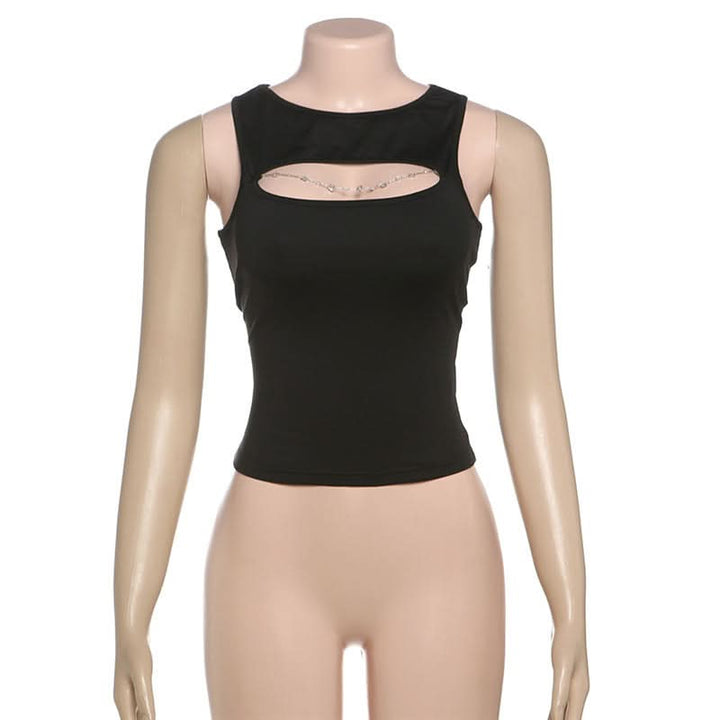 Crewneck hollow out metal chain solid cut out top  | Festival Outfits Women