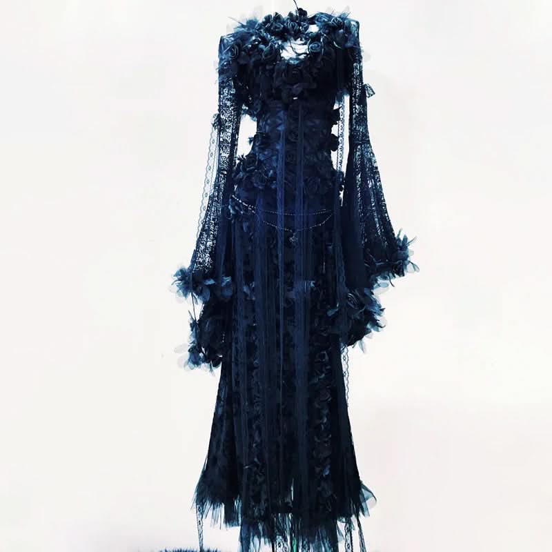 Long flared sleeve flower applique lace maxi dress  | Festival Outfits Women