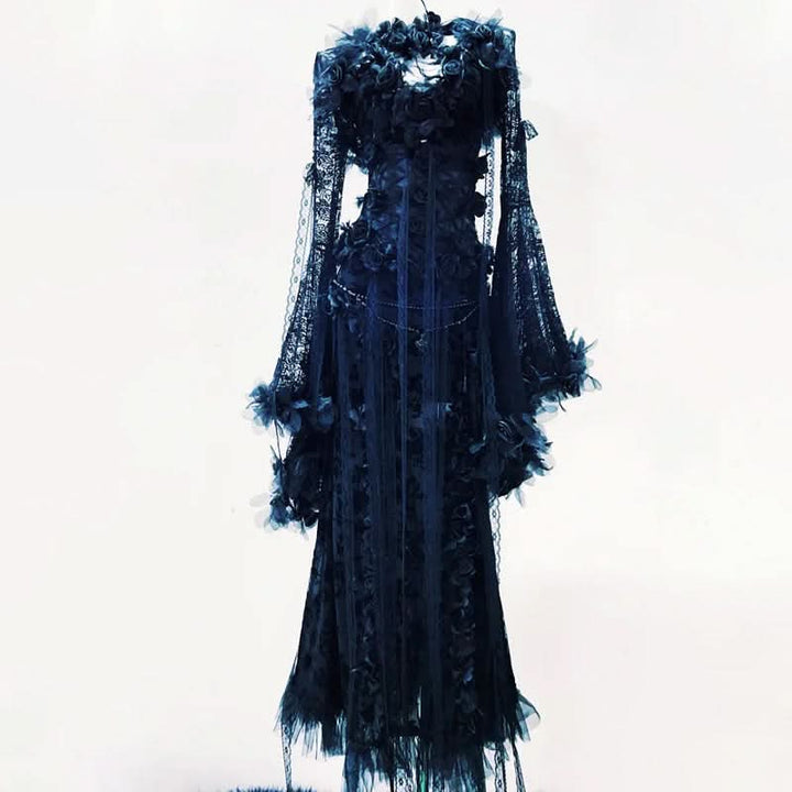 Long flared sleeve flower applique lace maxi dress  | Festival Outfits Women