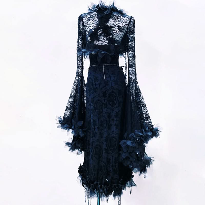 Lace long flared sleeve flower applique maxi dress  | Festival Outfits Women