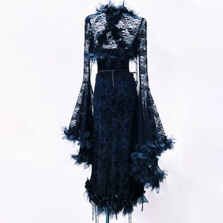 Lace long flared sleeve flower applique maxi dress  | Festival Outfits Women