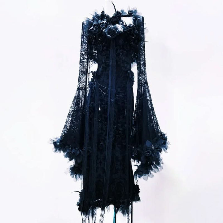 Lace long flared sleeve flower applique maxi dress  | Festival Outfits Women