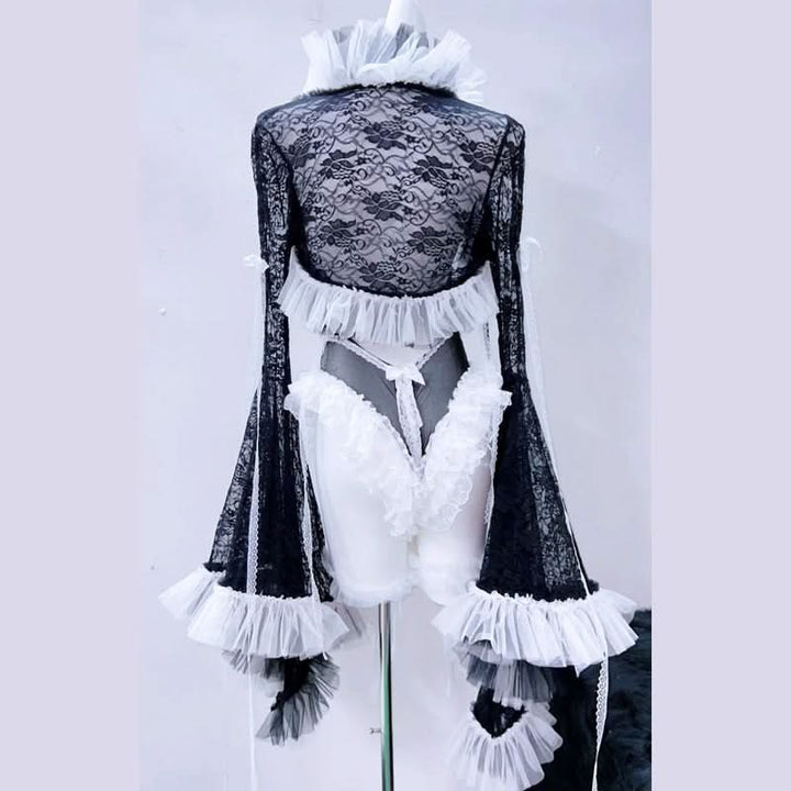 Long flared sleeve ruffle lace bowknot bodysuit  | Festival Outfits Women
