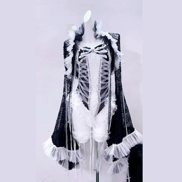 Long flared sleeve ruffle lace bowknot bodysuit  | Festival Outfits Women