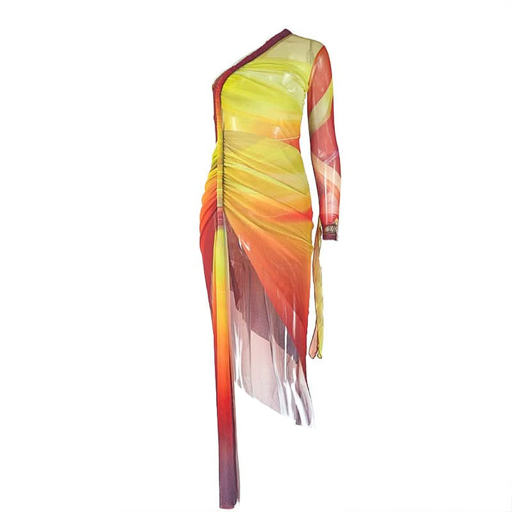 One shoulder contrast mesh slit midi dress  | Festival Outfits Women