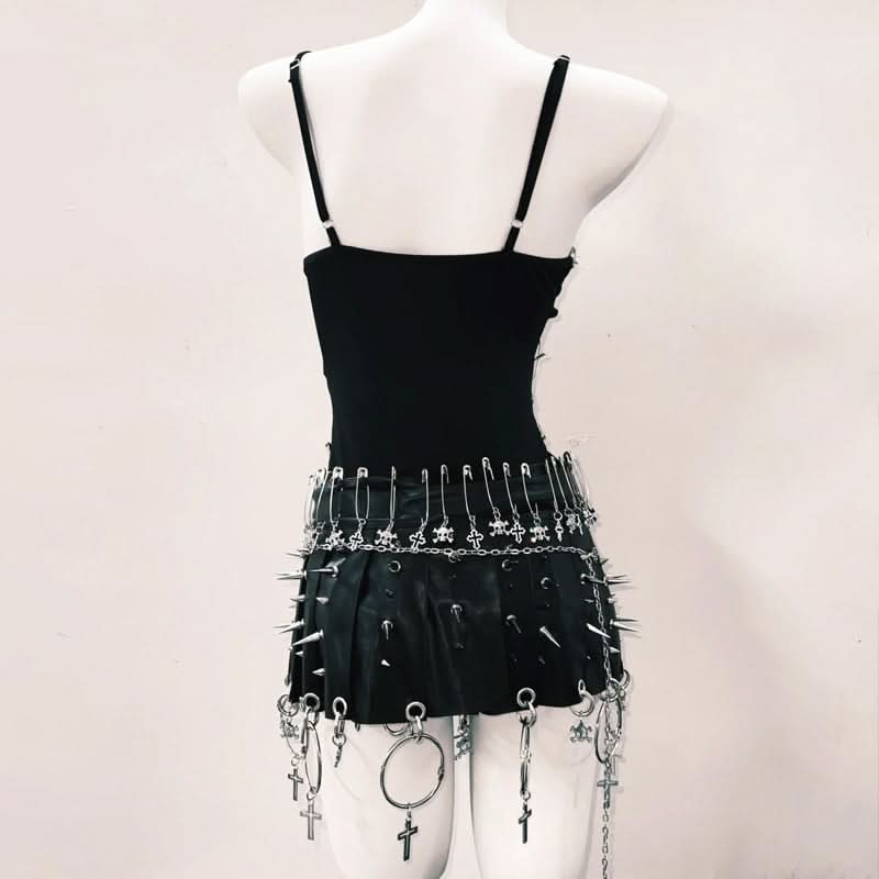 Hollow out metal chain skull applique v neck bodysuit  | Festival Outfits Women