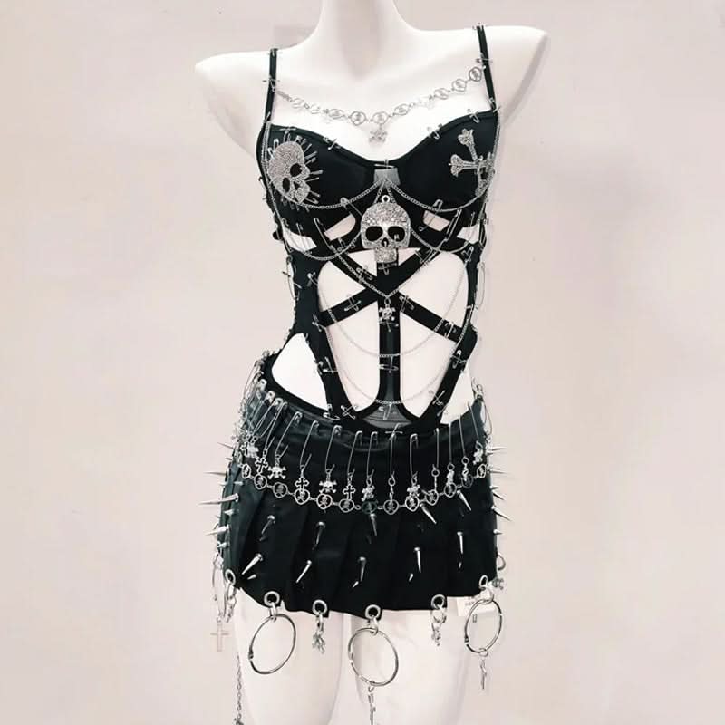 Hollow out metal chain skull applique v neck bodysuit  | Festival Outfits Women