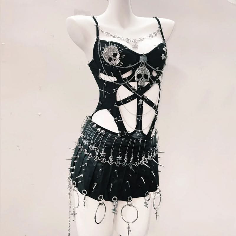Hollow out metal chain skull applique v neck bodysuit  | Festival Outfits Women