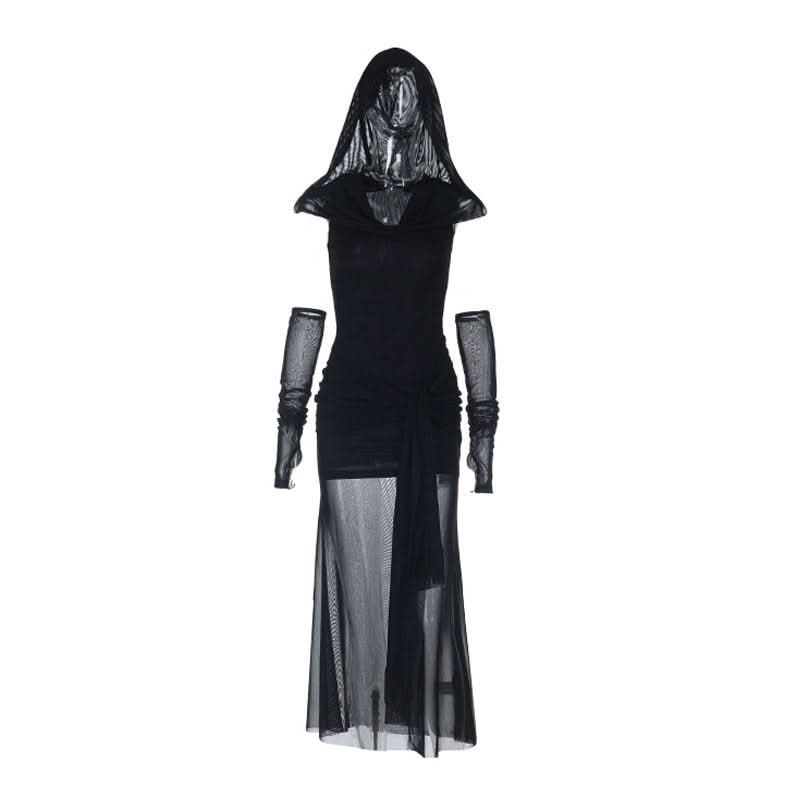 Mesh hoodie cowl neck ruched maxi dress  | Festival Outfits Women-final-sale