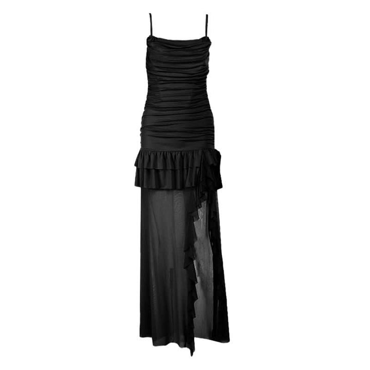 Ruched slit ruffle mesh cami maxi dress  | Festival Outfits Women