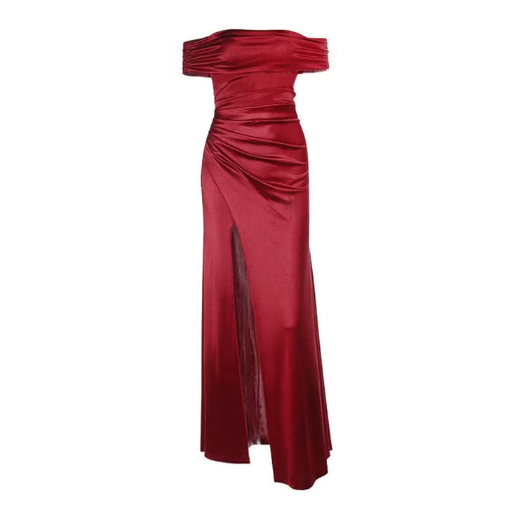 Off shoulder satin slit ruched maxi dress  | Festival Outfits Women