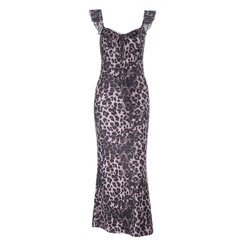 Leopard print ruffle self tie v neck maxi dress  | Festival Outfits Women