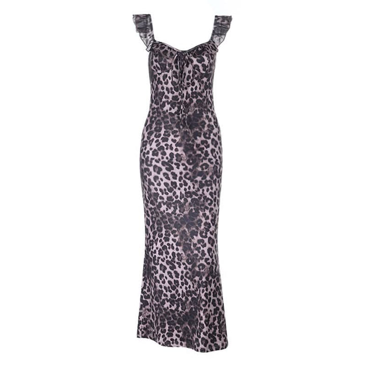 Leopard print ruffle self tie v neck maxi dress  | Festival Outfits Women