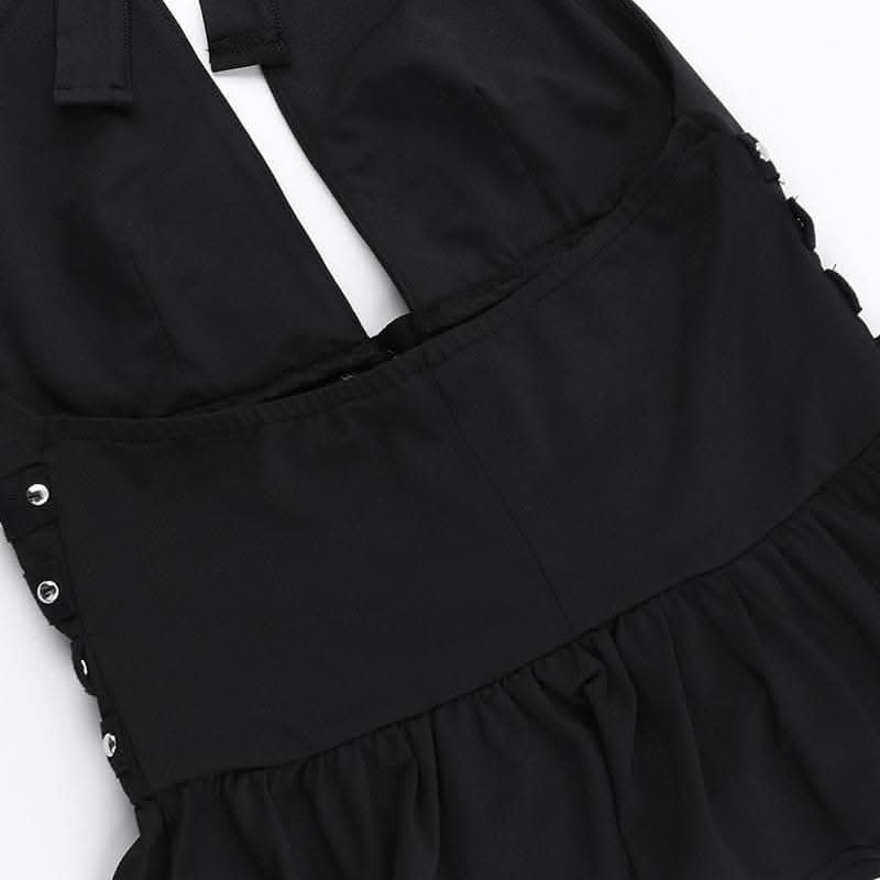 Halter deep rivet v neck ruched ruffle top  | Festival Outfits Women
